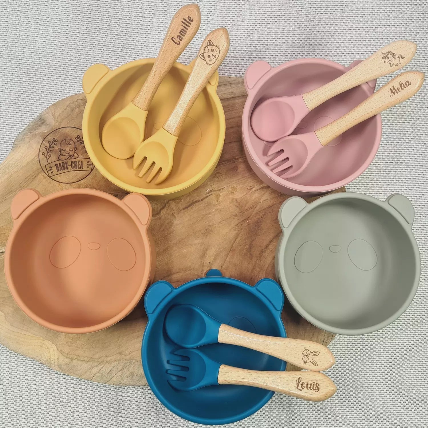 Baby-Crea Coffret repas bébé Modèle Crabe set repas vert olive personnalisé