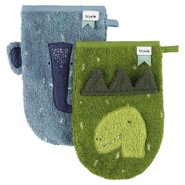 Trixie Baby Gants de toilette Mr. Dino et Mrs. Elephant lot de 2 coton bio