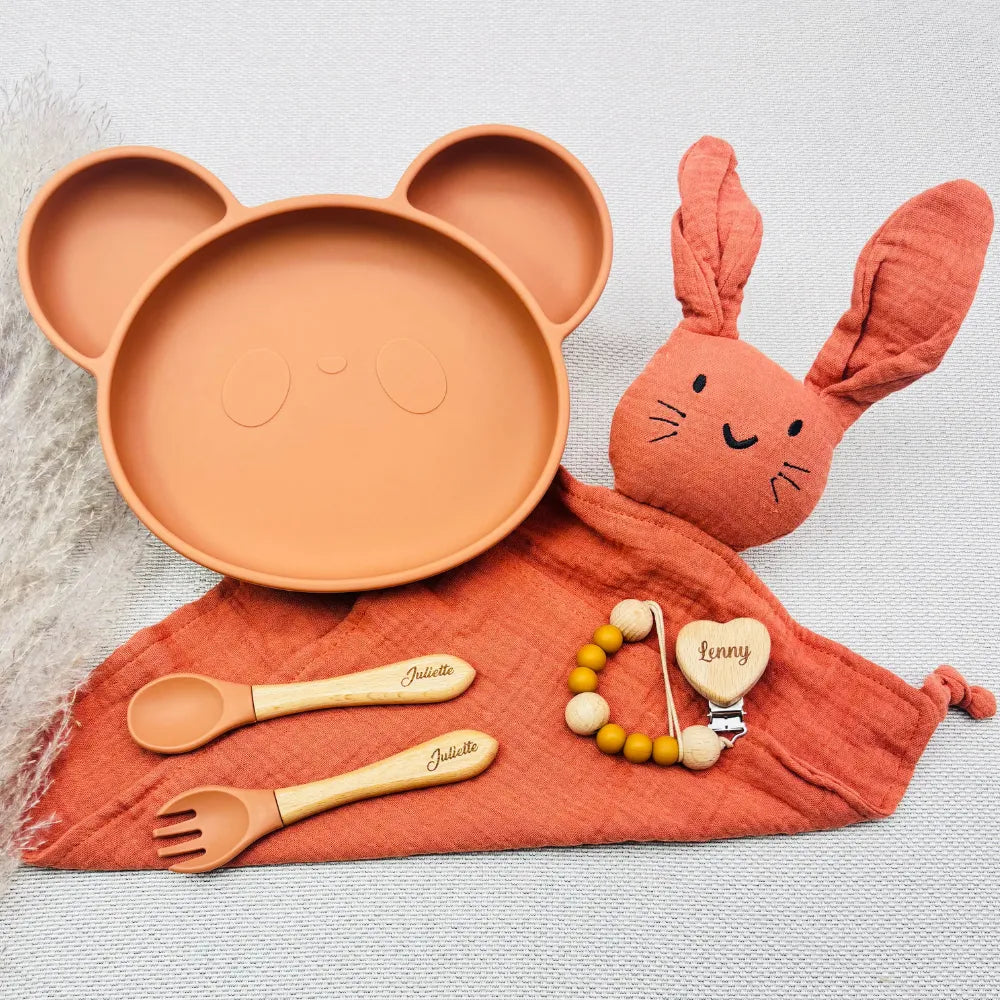Baby-Crea Coffret repas bébé Ourson vert olive personnalisé