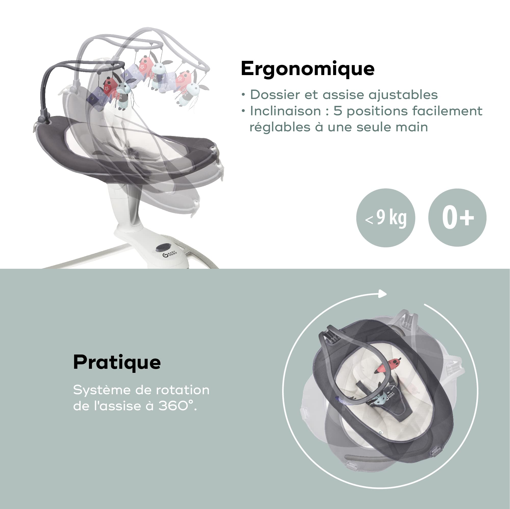 Babymoov Swoon Motion balancelle électrique Zinc avec assise rotative