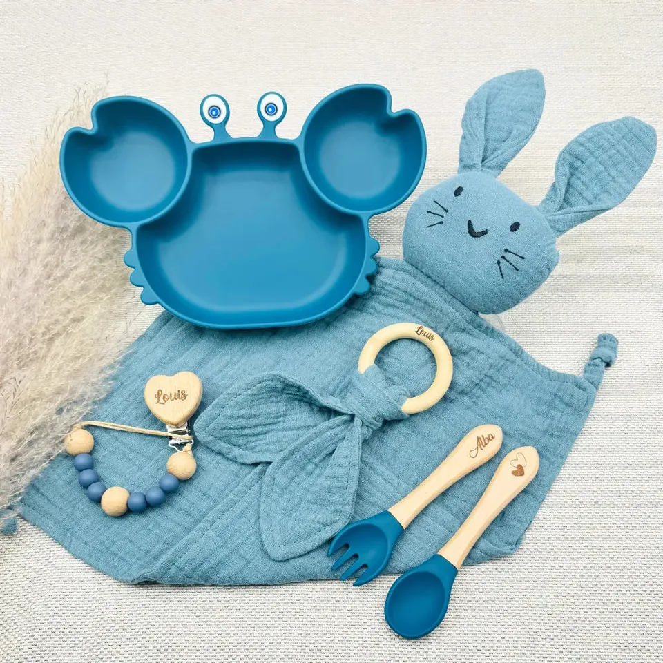 Baby-Crea Coffret repas bébé assiette crabe rouge tomette personnalisé