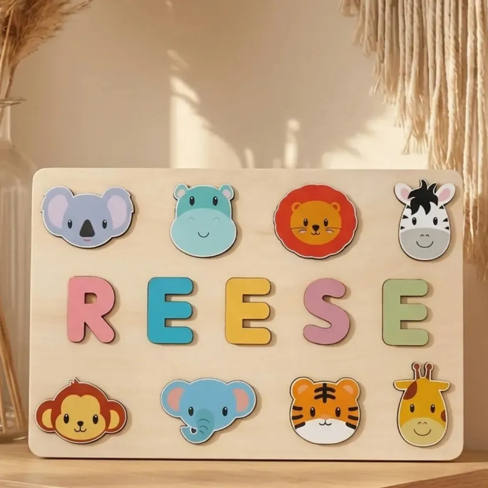 Baby-Crea Puzzle bébé en bois personnalisé puzzle prénom savane dès 12 mois