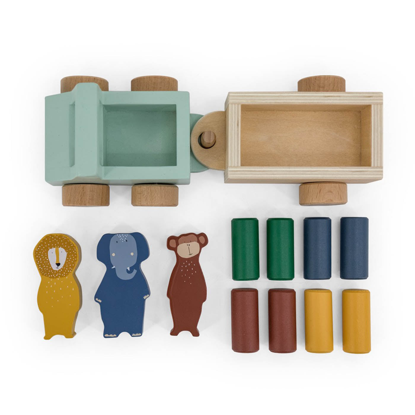 Trixie Baby Jouets à roulettes Voiture avec remorque en bois animaux