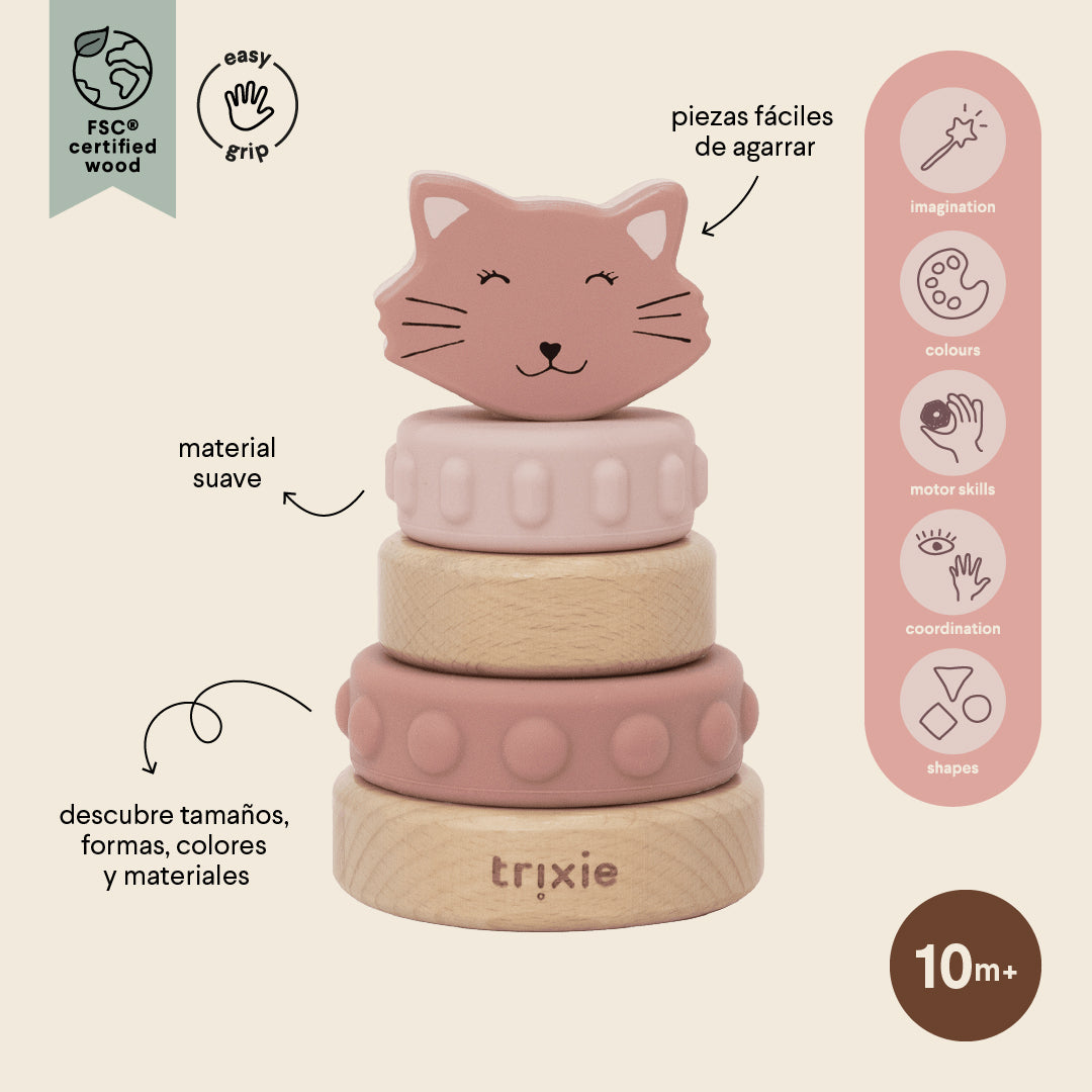 Trixie Baby Jouets à empiler Tour à empiler Mrs. Cat bois et silicone