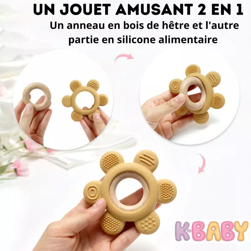 Baby-Crea Anneau de dentition bébé couronne bleu clair bois et silicone