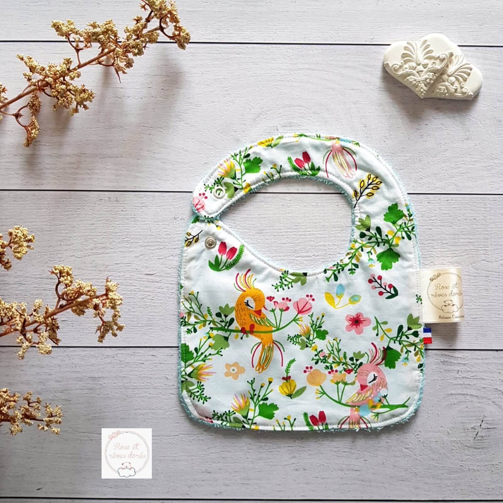 Rose et rêves dorés Bavoirs Bavoir pour bébé oiseaux de paradis coton bambou