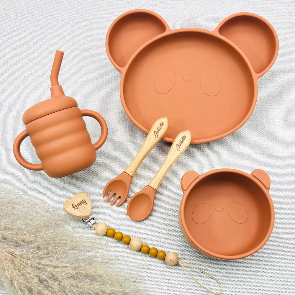 Baby-Crea Coffret repas bébé Panda vert olive personnalisé
