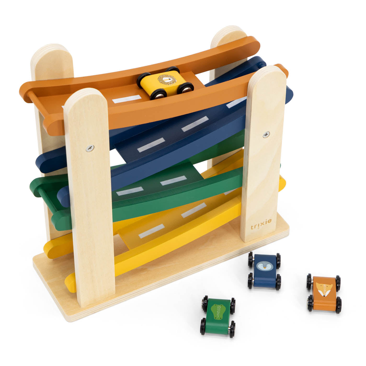 Trixie Baby Jouets à roulettes rampe de course en bois avec 4 voitures