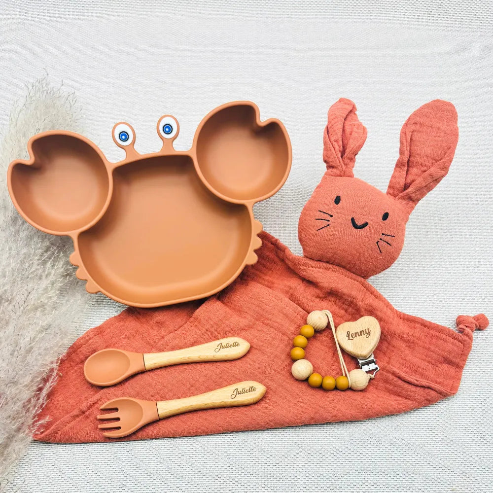 Baby-Crea Coffret repas bébé assiette crabe vert olive personnalisé