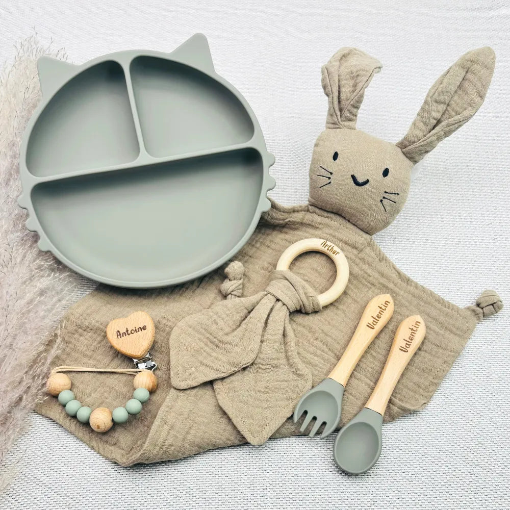 Baby-Crea Coffret repas bébé coffret repas vert olive avec doudou