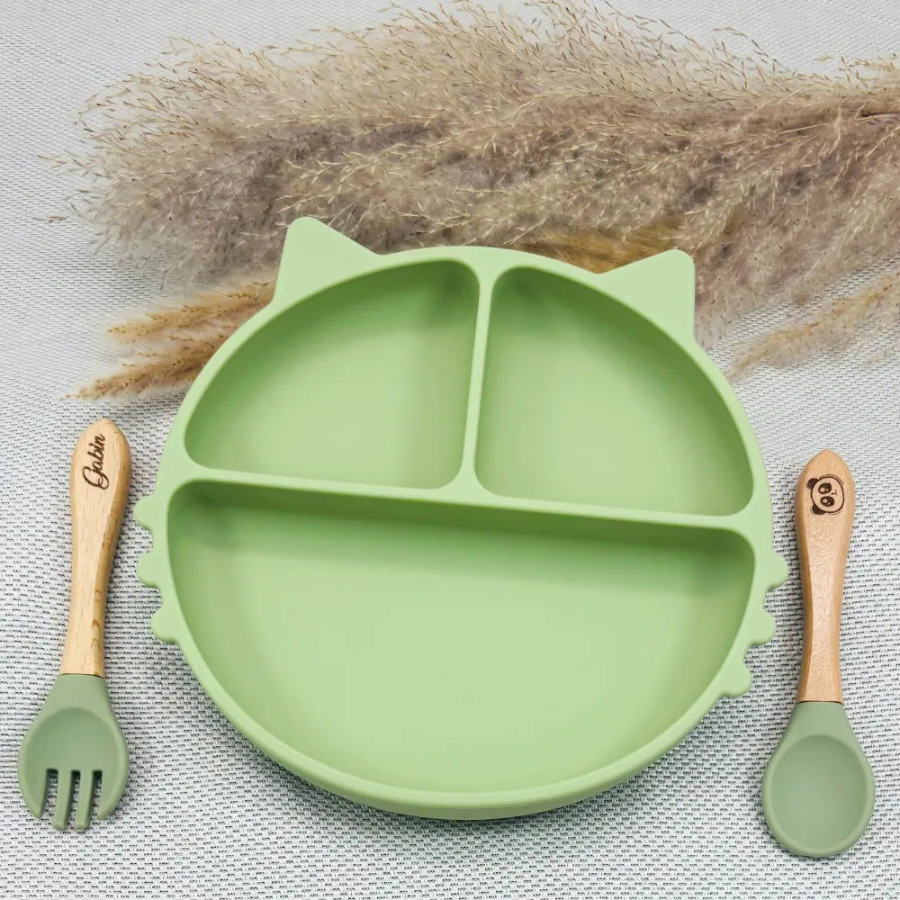 Baby-Crea Coffret repas bébé assiette chat rose pâle personnalisé