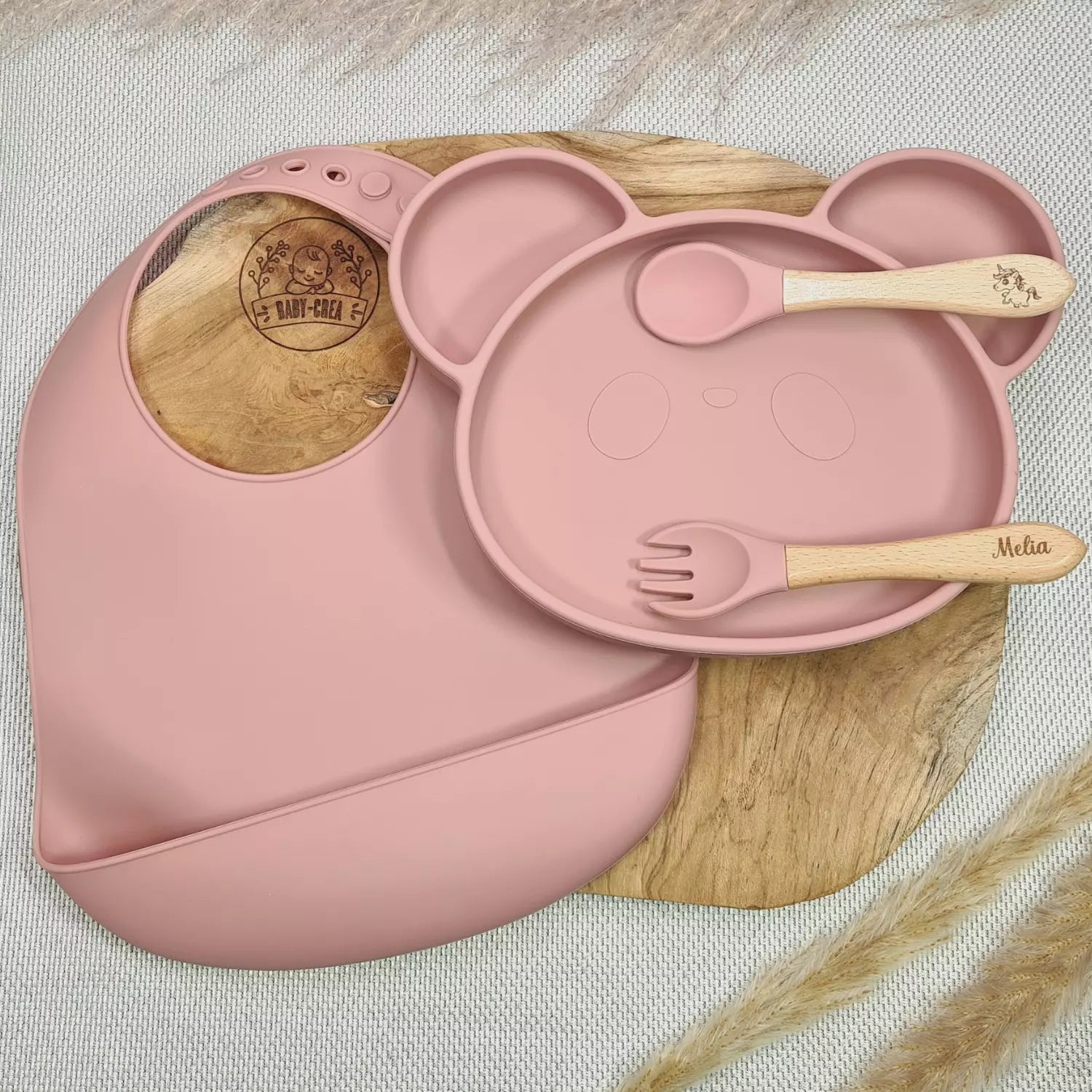 Baby-Crea Coffret repas bébé Assiette Panda personnalisé vert olive