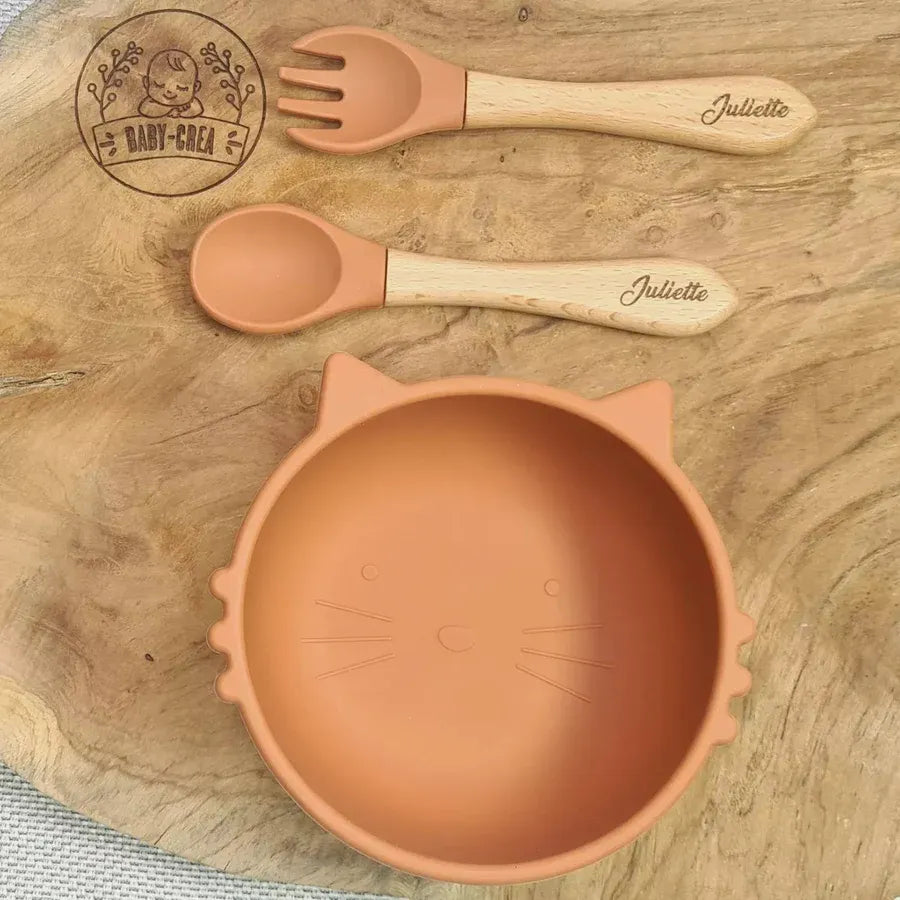 Baby-Crea Coffret repas bébé bol chat bleu marine avec couverts personnalisés