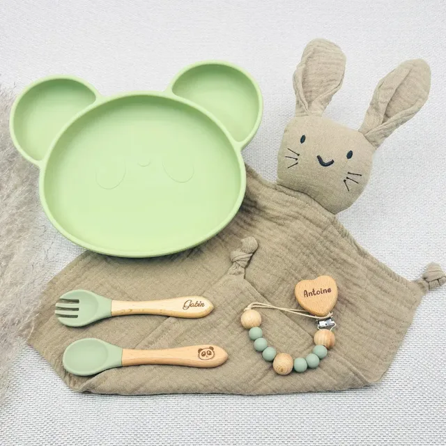 Baby-Crea Coffret repas bébé Ourson vert olive personnalisé