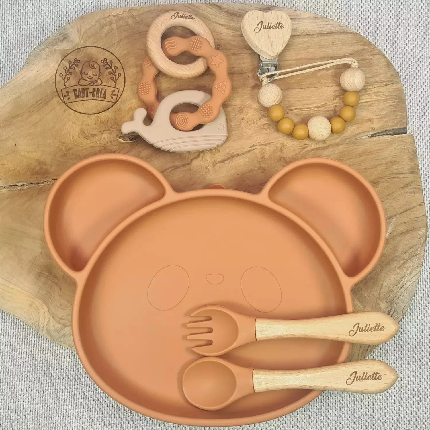 Baby-Crea Coffret naissance personnalisé coffret repas panda vert olive