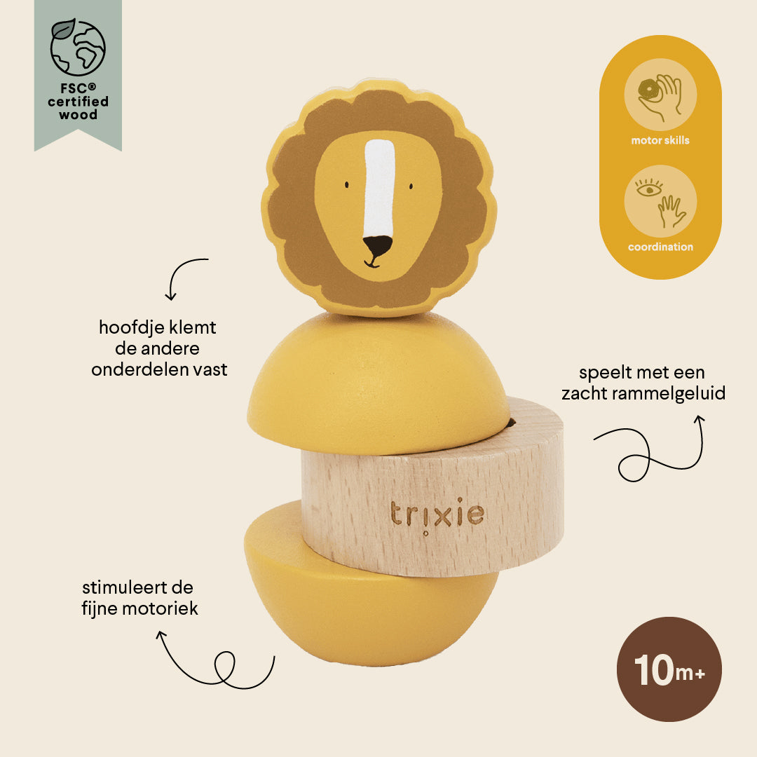 Trixie Baby Jouets à empiler Jouet d’empilage avec hochet en bois Mr. Lion
