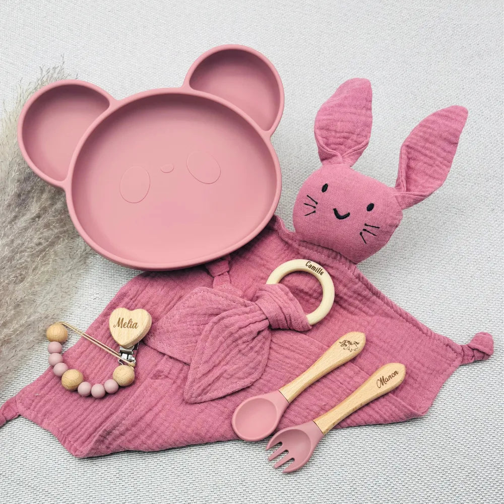 Baby-Crea Coffret repas bébé Assiette ourson et accessoires gravés vert olive