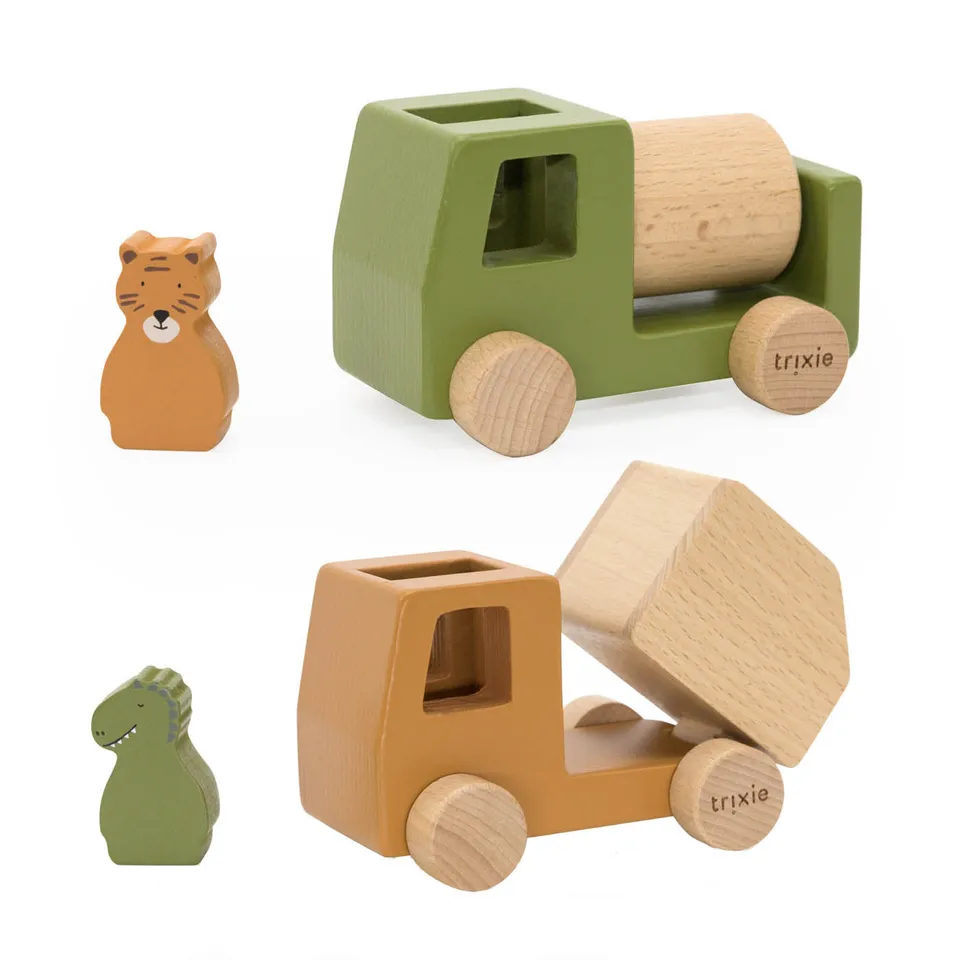 Trixie Baby Jouets à roulettes Jeu de voitures de chantier animaux en bois