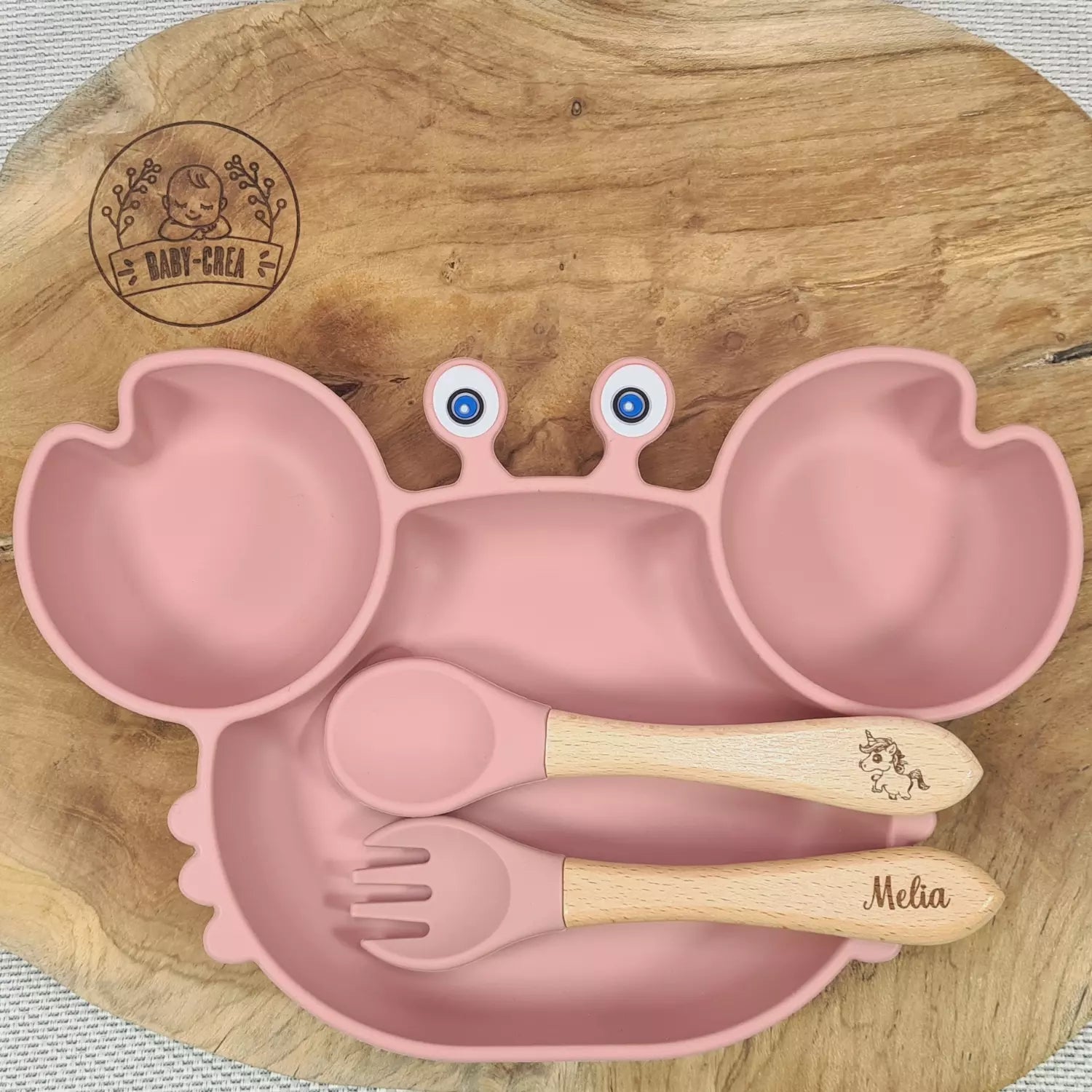 Baby-Crea Coffret repas bébé assiette crabe et couverts Vert olive
