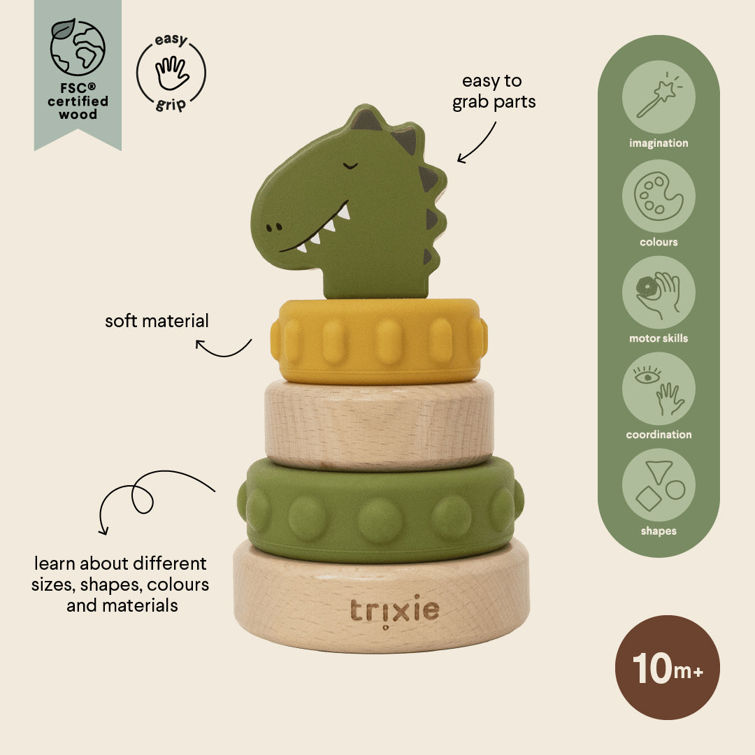 Trixie Baby Jouets à empiler Mr. Dino tour à empiler en bois et silicone