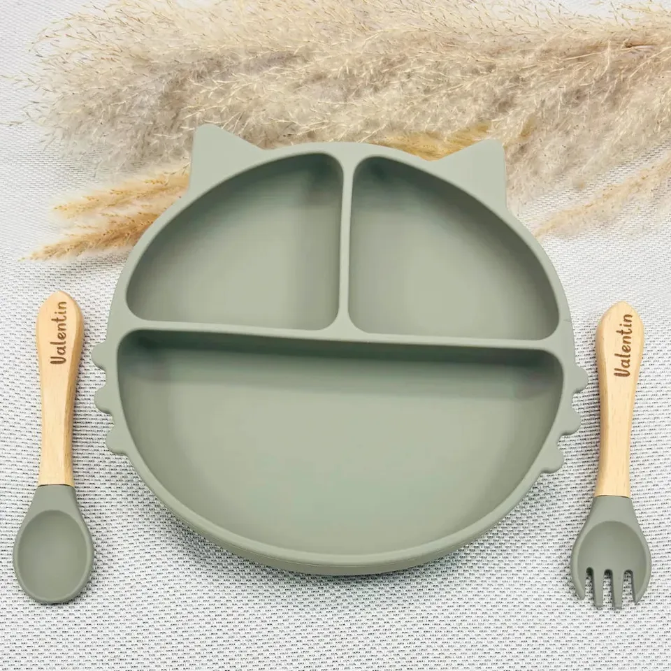 Baby-Crea Coffret repas bébé assiette chat rose pâle personnalisé