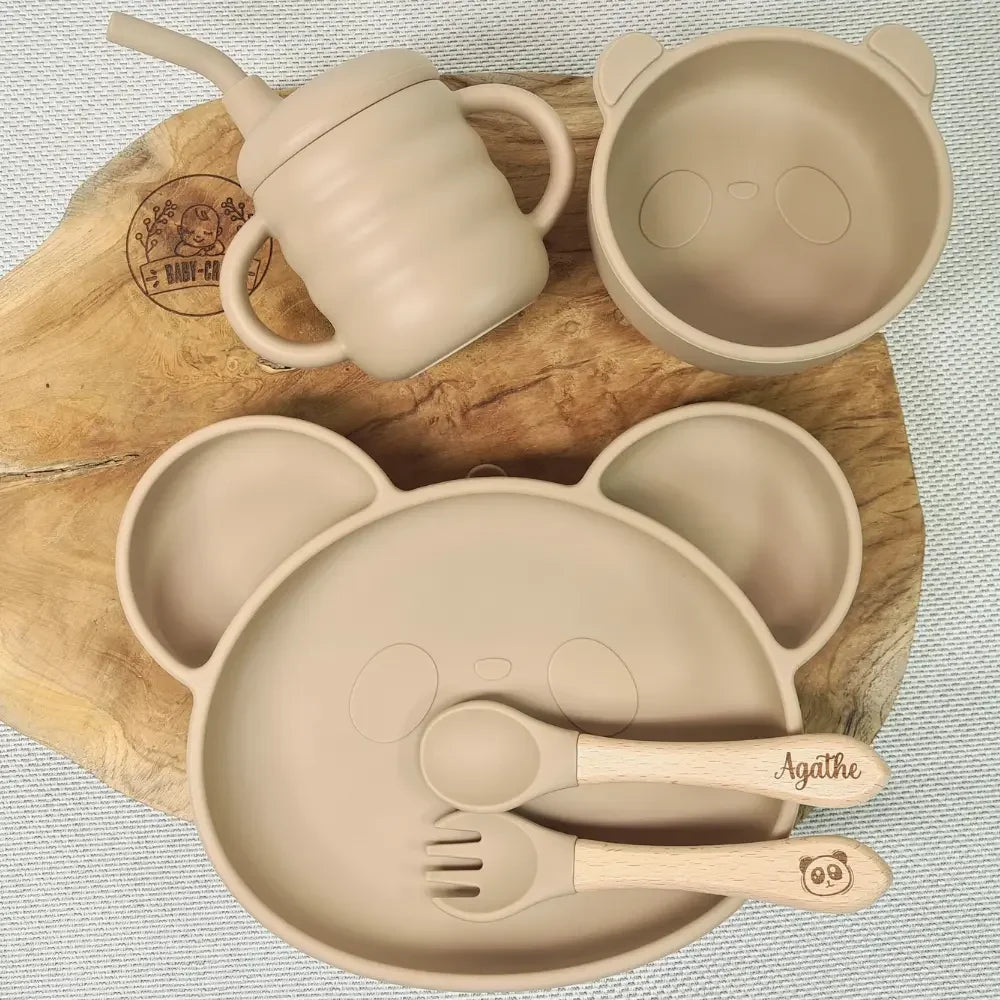Baby-Crea Coffret naissance personnalisé Assiette Panda repas vert olive