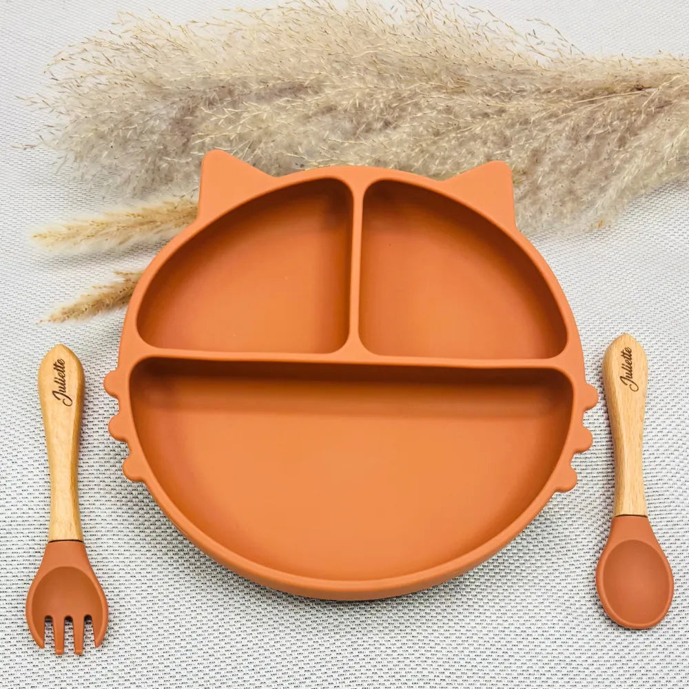 Baby-Crea Coffret repas bébé assiette chat rose pâle personnalisé