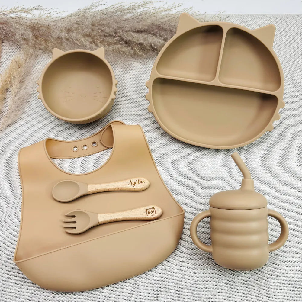 Baby-Crea Coffret repas bébé Assiette Chat personnalisé bleu marine