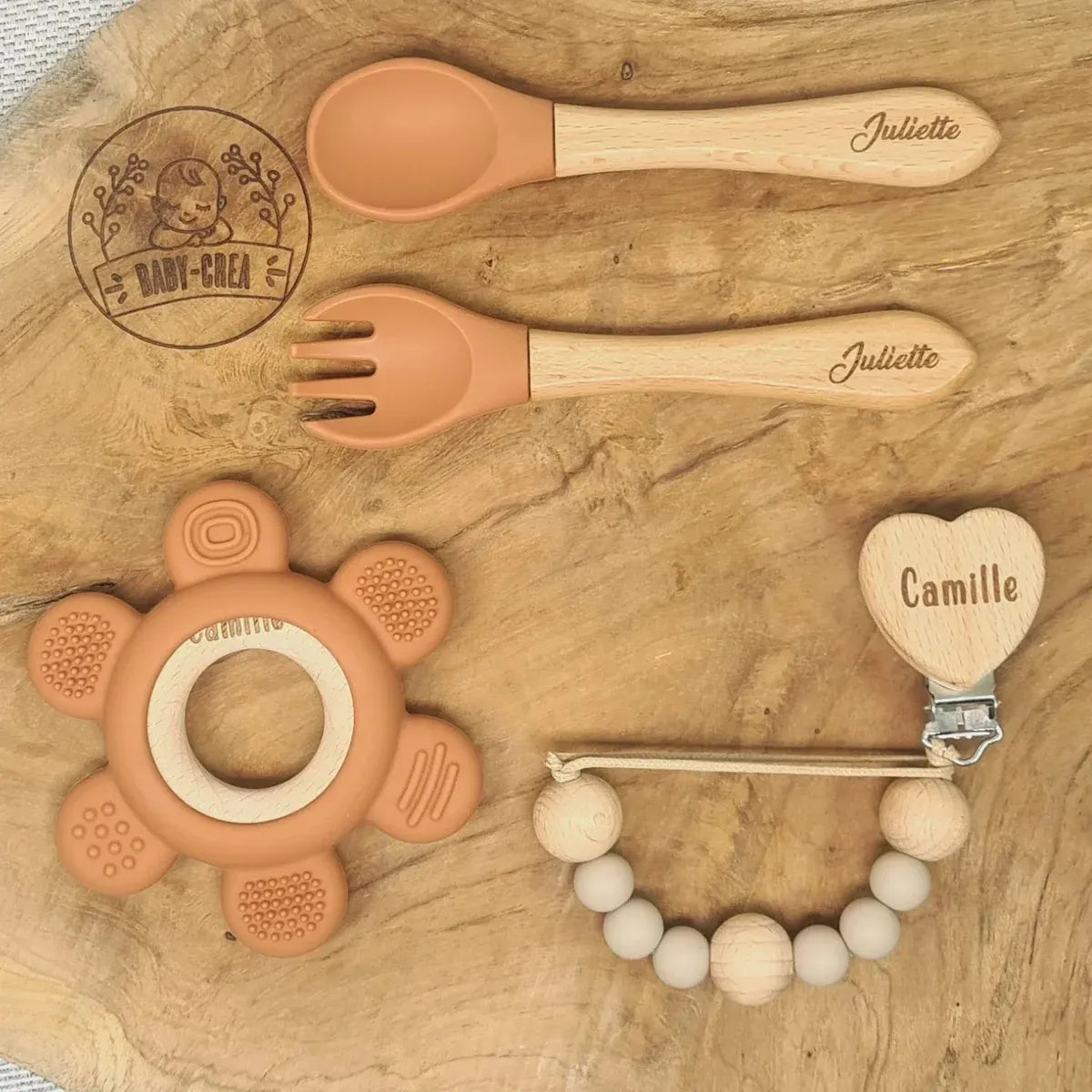 Baby-Crea Coffret naissance personnalisé couverts attache-tétine couronne Bleu marine