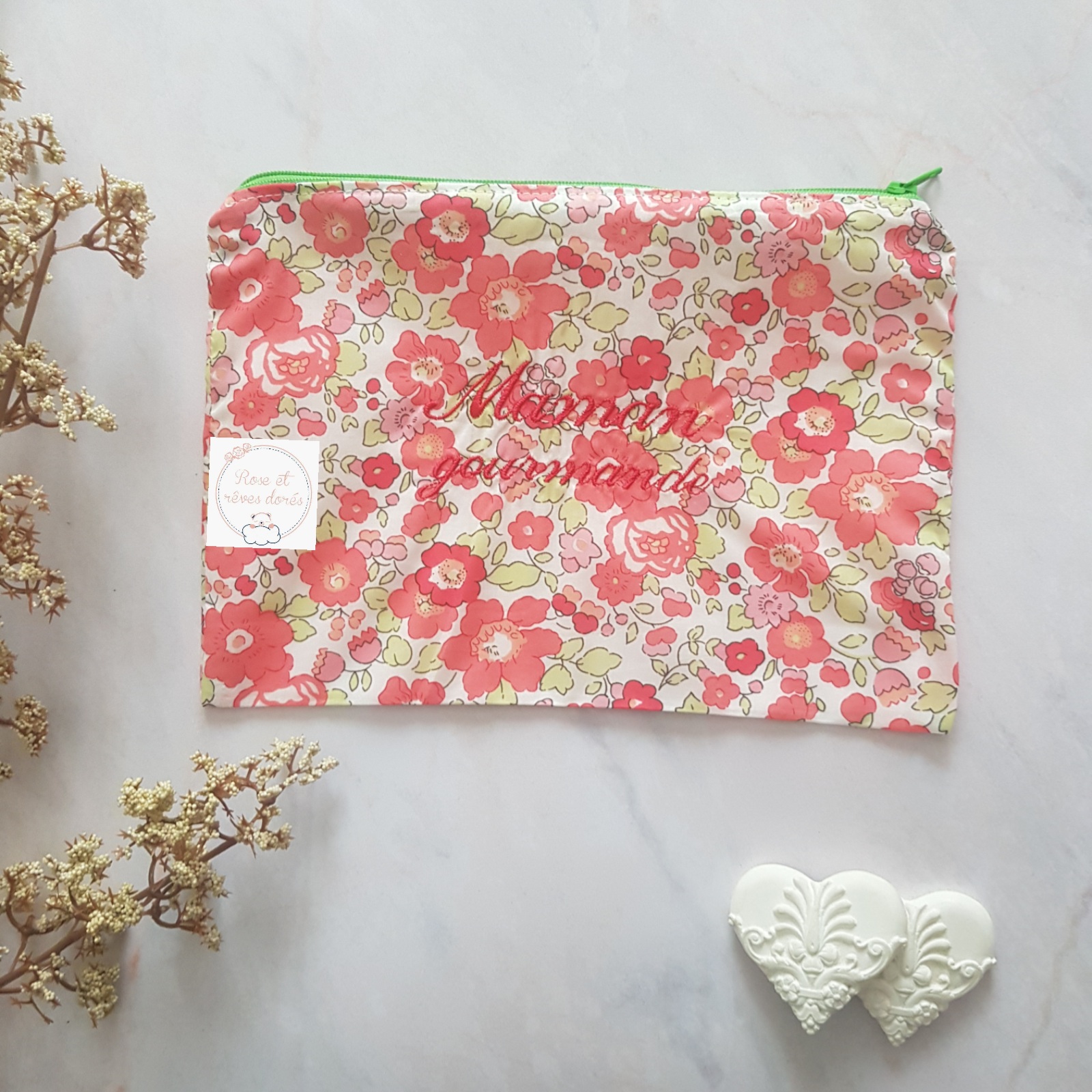 Rose et rêves dorés Pochette Maman gourmande en coton brodé