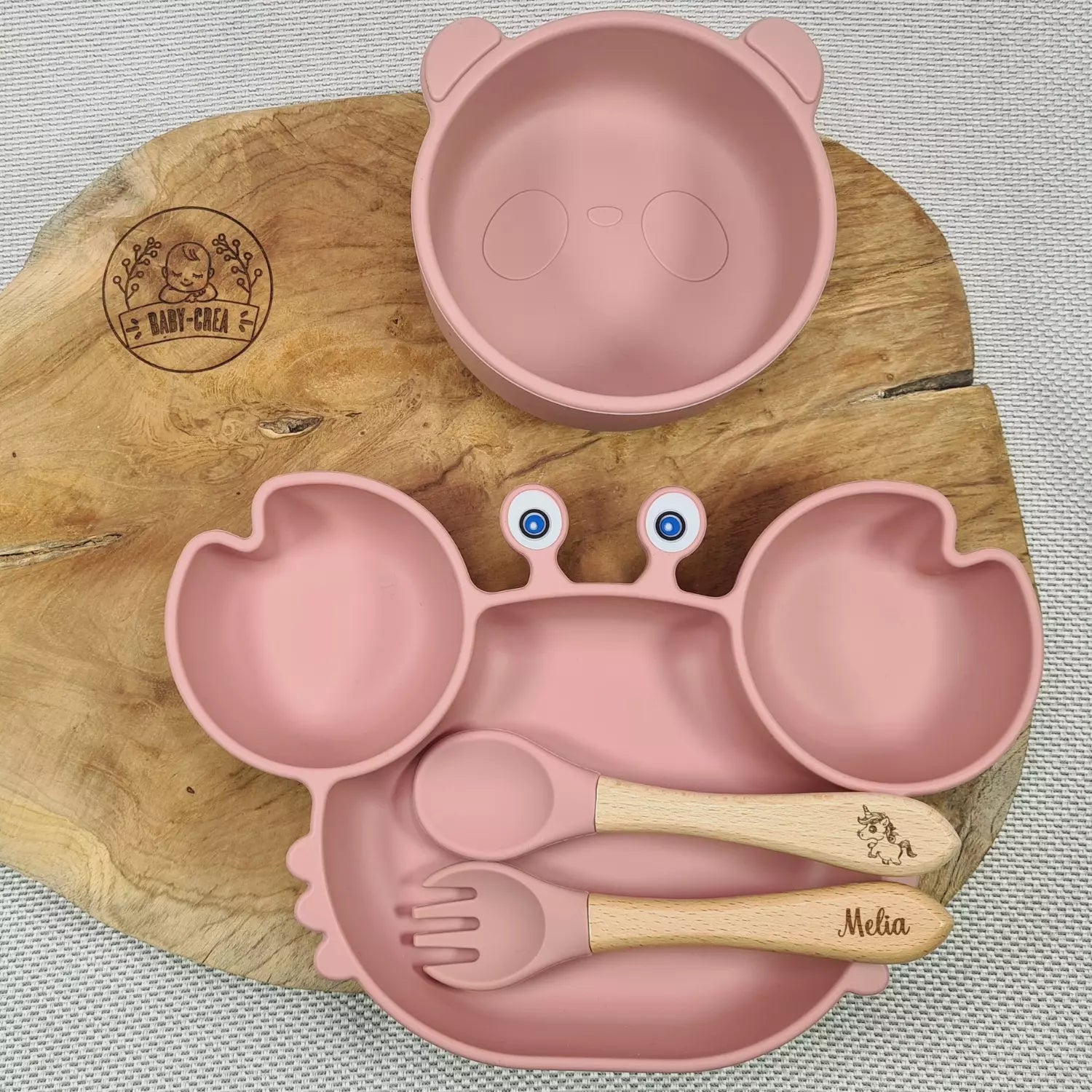 Baby-Crea Coffret repas bébé assiette crabe bol panda vert olive personnalisé