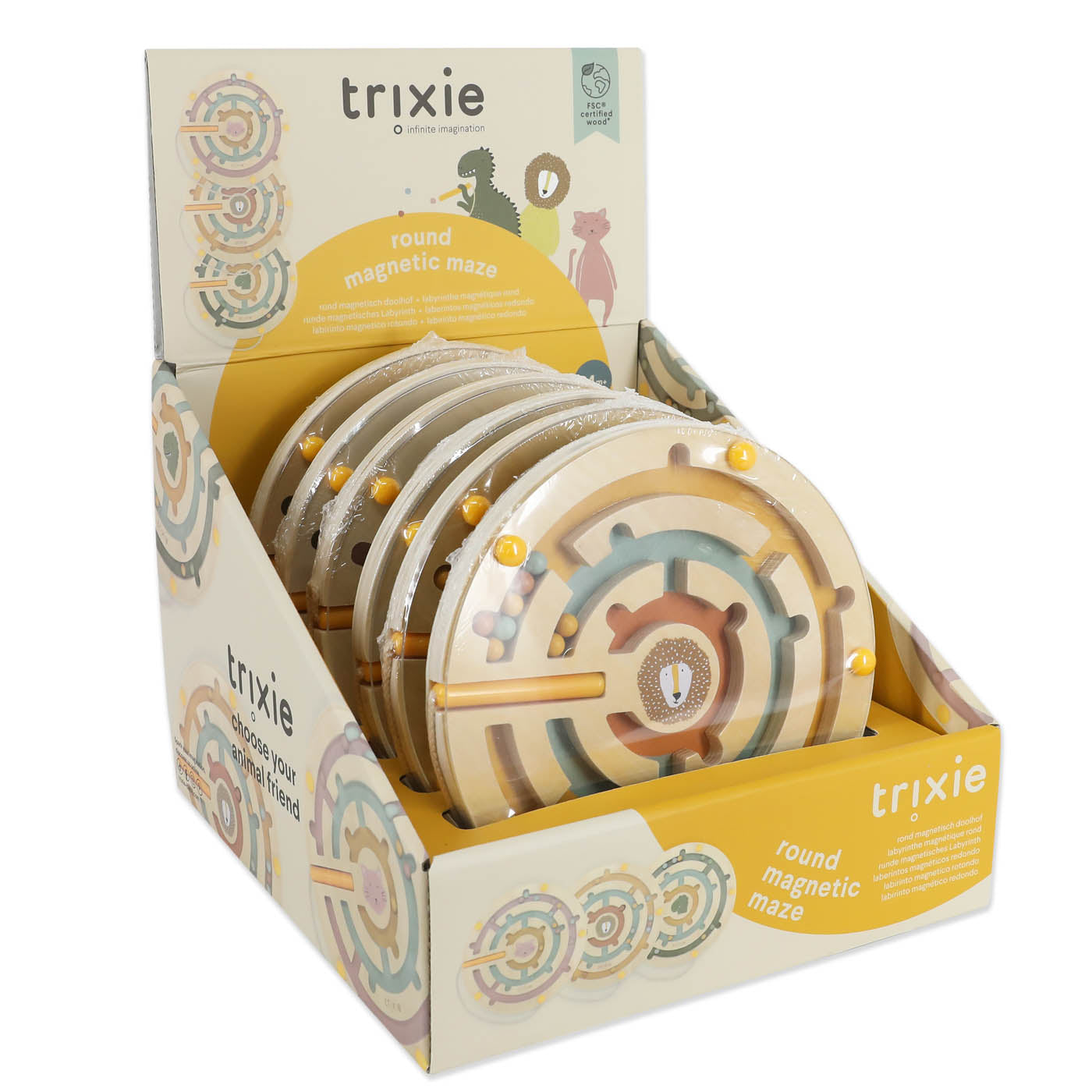Trixie Baby Jouets d'activités Labyrinthe magnétique rond en bois boîte – 6 pièces