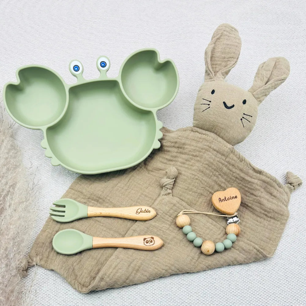 Baby-Crea Coffret repas bébé assiette crabe vert olive personnalisé