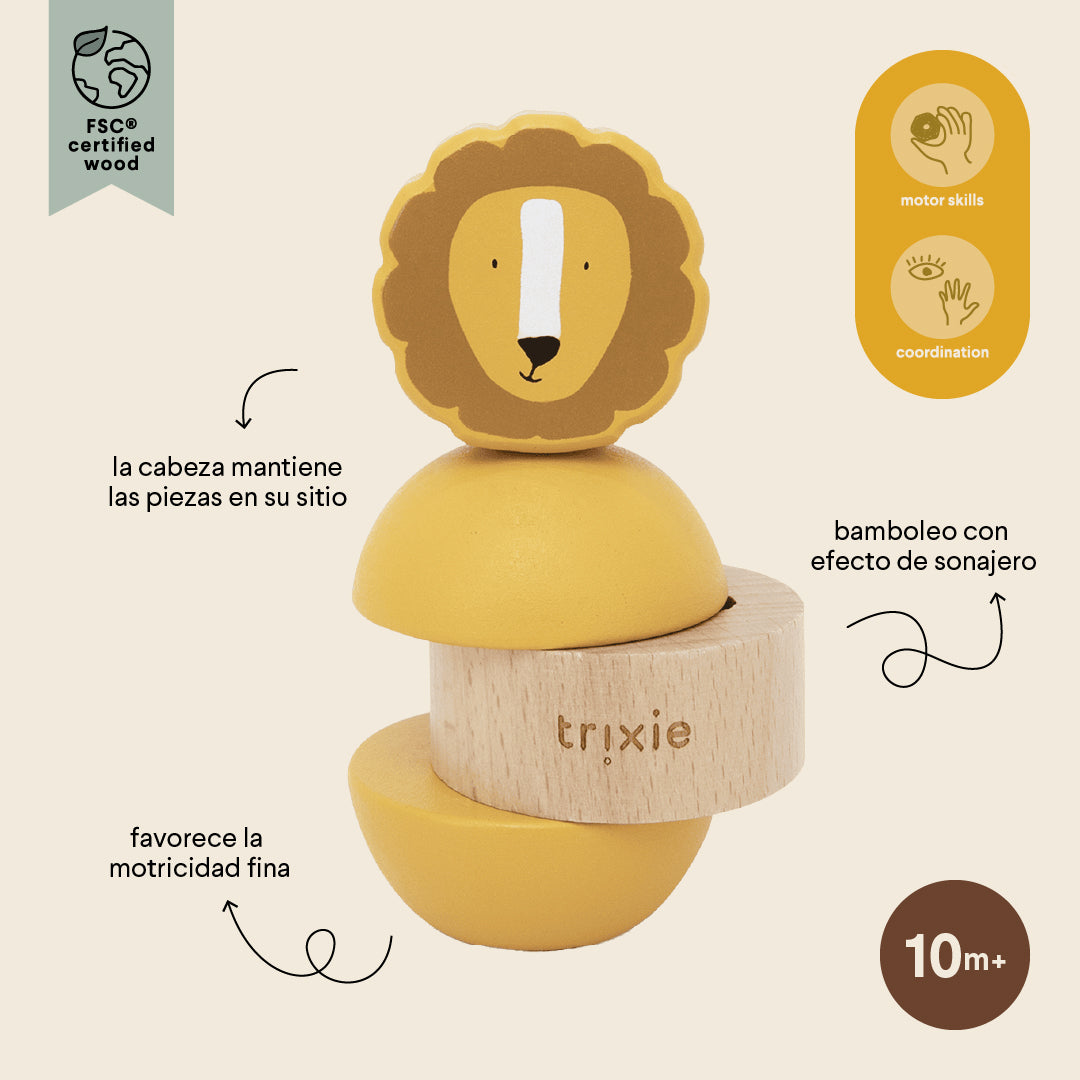 Trixie Baby Jouets à empiler Jouet d’empilage avec hochet en bois Mr. Lion