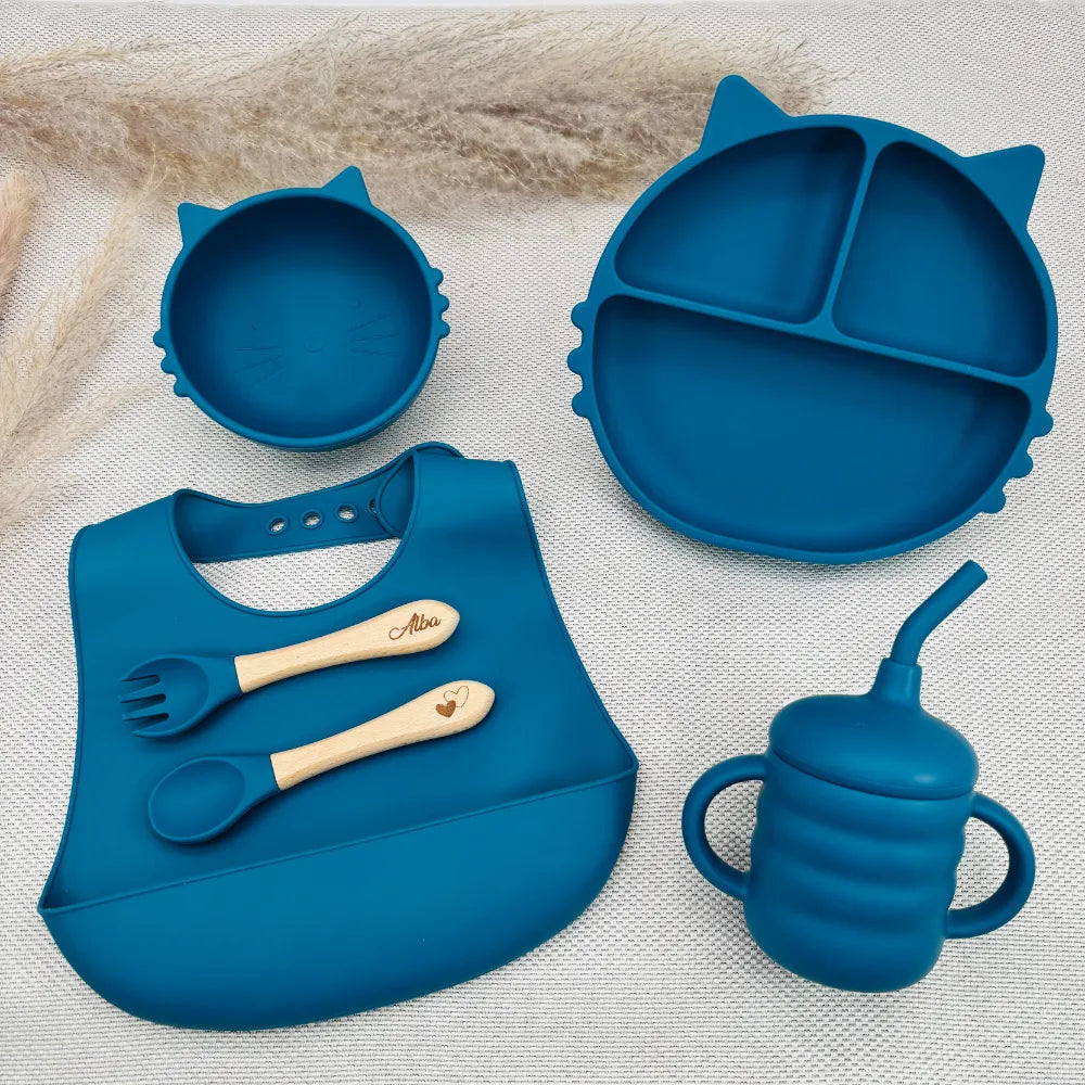 Baby-Crea Coffret repas bébé Assiette Chat personnalisé bleu marine