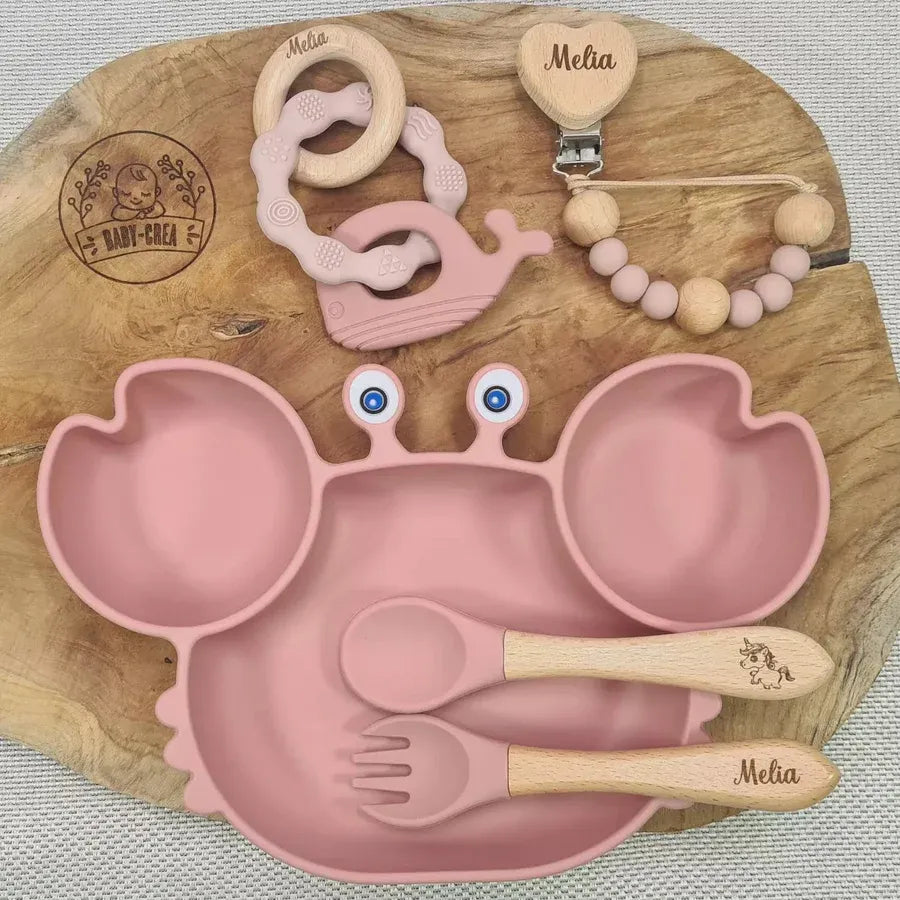 Baby-Crea Coffret naissance personnalisé Assiette Crabe, Attache & Anneau Dauphin bleu marine