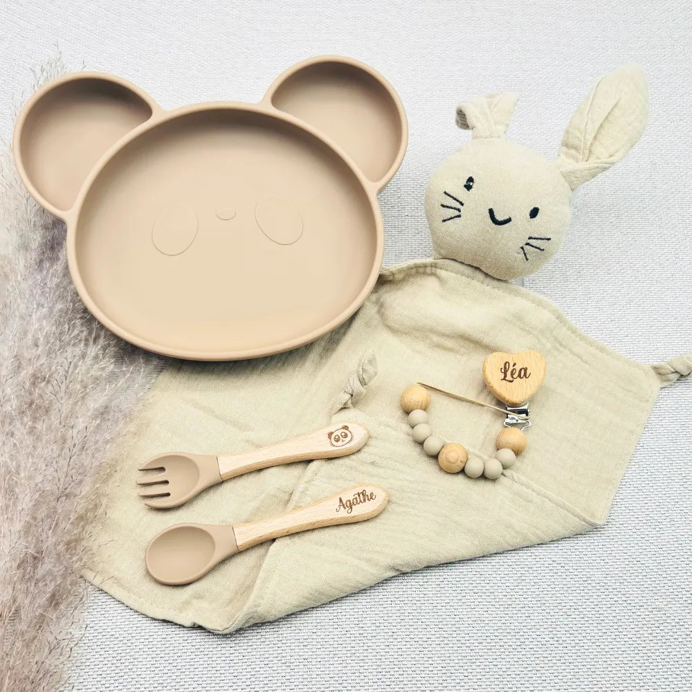 Baby-Crea Coffret repas bébé Ourson vert olive personnalisé