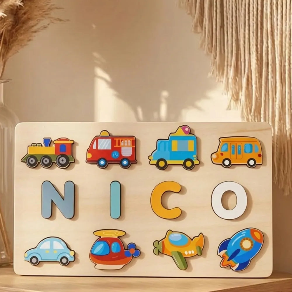 Baby-Crea Puzzle bébé en bois personnalisé puzzle prénom véhicules