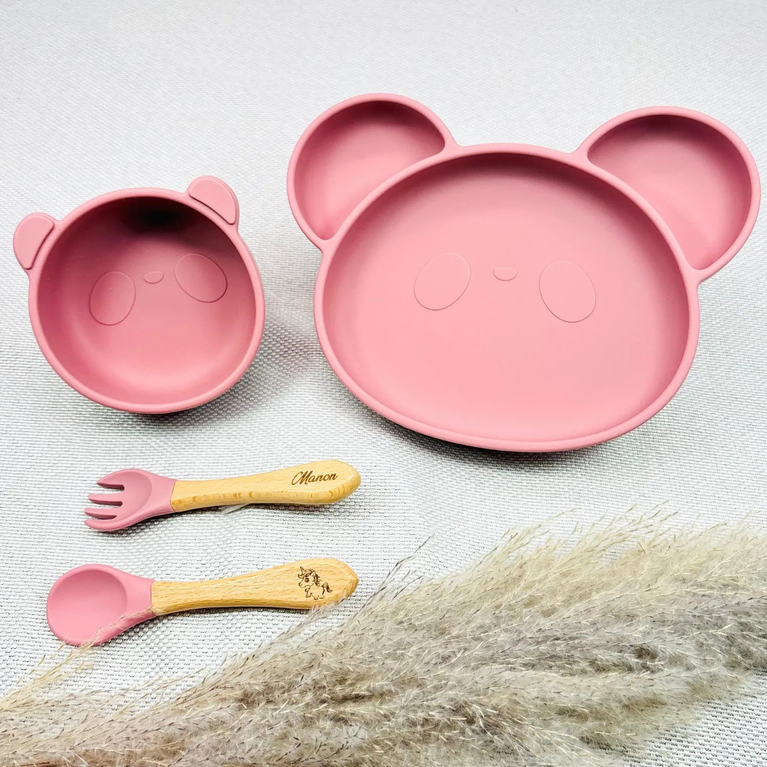 Baby-Crea Coffret repas bébé assiette panda bol panda bleu marine personnalisé